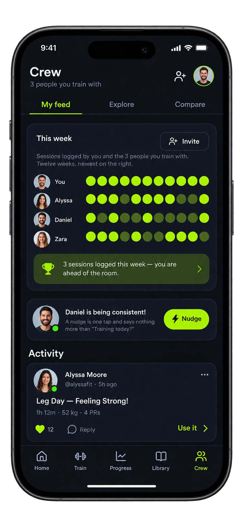 LiftLogs crew social feed screen